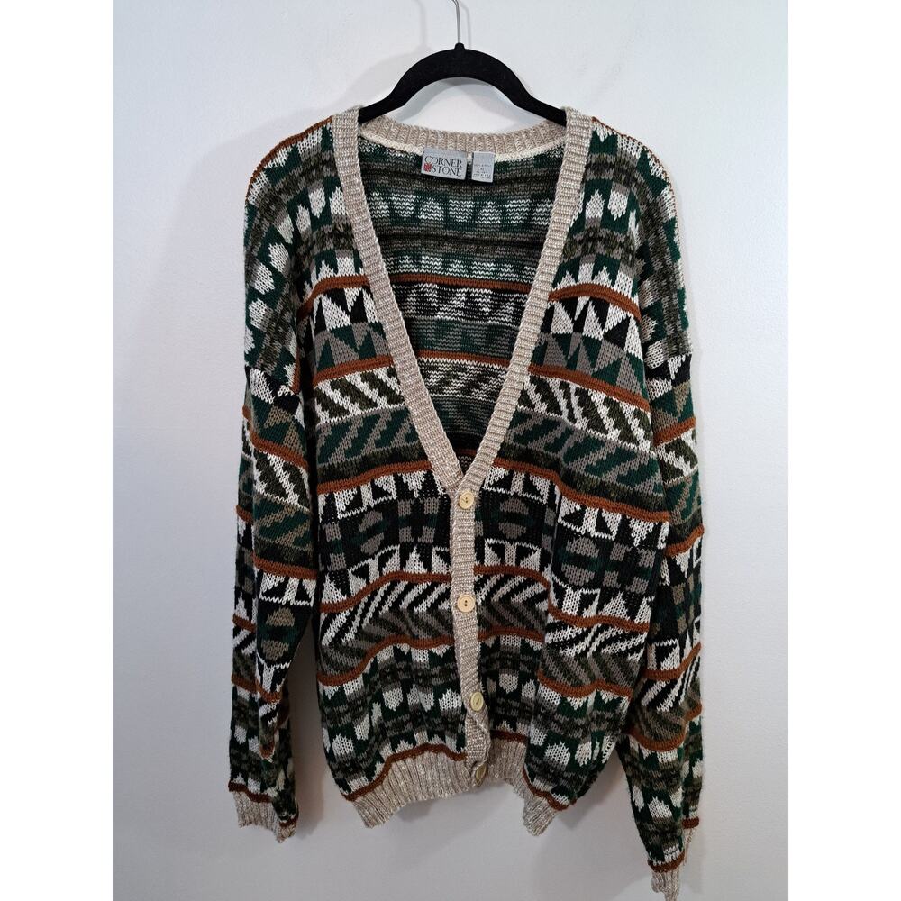 Corner Stone Vintage Men's Geometric Print Cardigan Sweater In Size XL